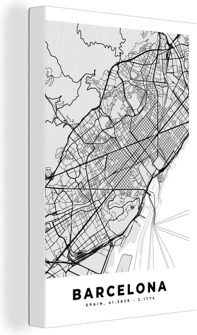 Canvas Schilderij Barcelona - Stadskaart - Plattegrond - Zwart Wit - Kaart - 20x30 cm - Wanddecoratie