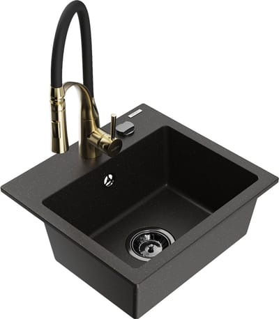Mexen Milo granieten gootsteen met 1 compartiment en keukenmengkraan Aster, zwart/gouden metallic - 6505-75-73450-57-B