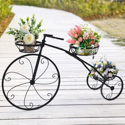 unho plantenrek metaal - fiets design - bloemenrek met 3 manden - bloemenrek met decoratieve wielen - bloemenwiel plantenrek retro - voor terras - tuin - balkon