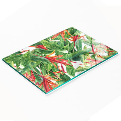 Glazen serveerplank met grafisch bloemenpatroon 80x52 cm