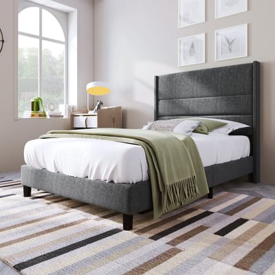 DESMIU Gestoffeerd Bed 90 x 200 cm – Gevoerd Hoofdbord Met Drie Stoffen Panelen – Lattenbodem En Opbergruimte Onder Het Bed – Voor Slaapkamer En Jeugdkamer – Linnenlook – Donkergrijs – Zonder Matras