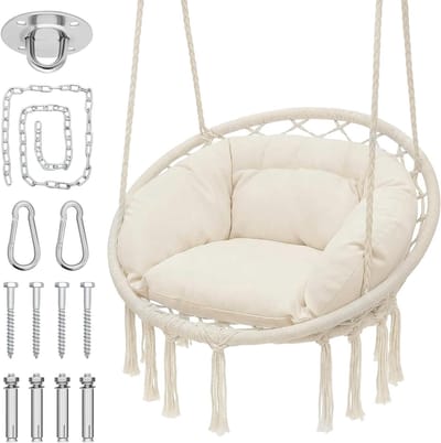 Hangstoel - Schommelstoel - Buiten Ontspannen - Boheems Macramé - 350 Lbs Capaciteit - Wit