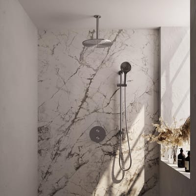 Brauer Brushed Edition thermostatische inbouw regendouche 3-weg rond SET 96 met 30 cm douchekop en plafondarm en 3-standen handdouche en doucheslang en geïntegreerde glijstang RVS geborsteld PVD