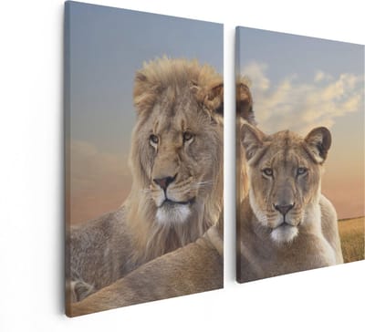 Artaza Canvas Schilderij Tweeluik Leeuw En Leeuwin - 80x60 - Foto Op Canvas - Canvas Print