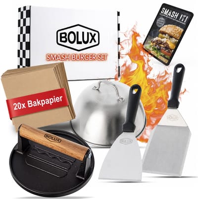 Bolux® Smash Burger Set - 5 delig - met gratis E-book - Hamburgerpers - Press - Gietijzer - BBQ Accesoires - RVS Spatel - Melting dome - Kamado - Vaderdag - Cadeau - Vlees Gewicht
