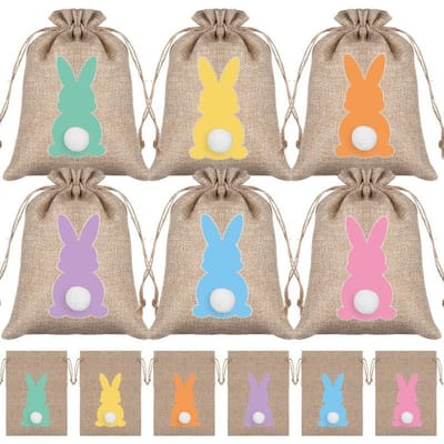 18 pièces Sacs Cadeaux Lapin Jute Durable Emballage Cadeau Cordon de Serrage pour Bonbons de Pâques avec Ficelle Pochettes Cadeaux Faveurs de Fête de Pâques multicolore