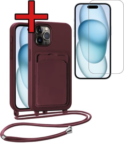 Hoesje Geschikt voor iPhone 14 Pro Hoesje Met Telefoonkoord en Pasjeshouder Met Screenprotector Siliconen - Hoes Geschikt voor iPhone 14 Pro Hoesje Met Kaarthouder Case - Aubergine