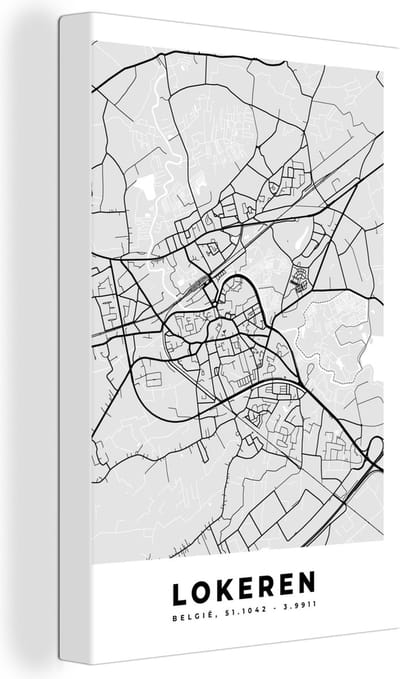 Canvas Schilderij België – Lokeren – Stadskaart – Kaart – Zwart Wit – Plattegrond - 20x30 cm - Wanddecoratie