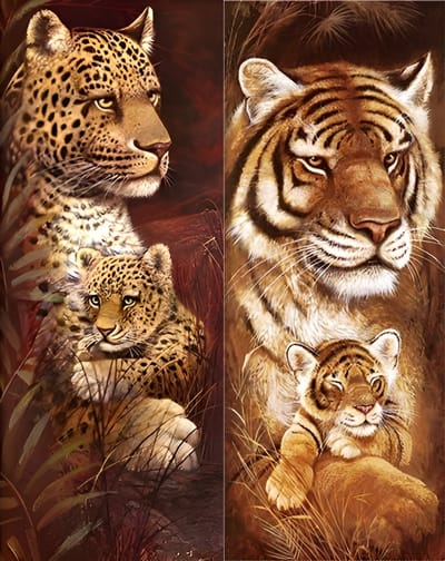 Diamond painting 2 luik - Luipaard en Tijger - 2x 30x70cm - ronde steentjes - volledig beplakt - Diamond painting by Wietske