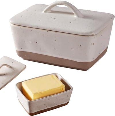 Ceramische Botervloot met Deksel, 350 ml, Vintage Porselein, Ideaal voor Koelkast en Eettafel, Geschikt voor Standaard Boter, Handige Handgreep en Stijlvol Ontwerp