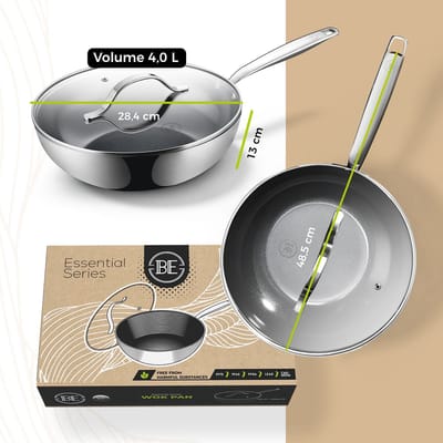 BE Living RVS Pannenset 4-delig - Ø 20, 24 & 28 cm Koekenpannenset + Ø 28 cm Wokpan met Deksel