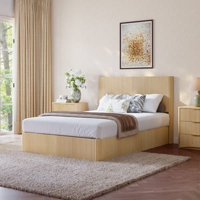 MIVRAY Opbergbed 140x200 cm - Zonder Matras Met Hydraulisch Liftmechanisme en Ribbeldesign - Grote Opbergruimte - MDF en Metaal - Eikenkleur