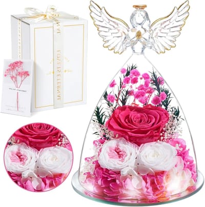 Eeuwige Roos - Bewaarde Bloem - Decoratie Thuis - Handgemaakte Engel - 14x14x22.5 cm - Roze
