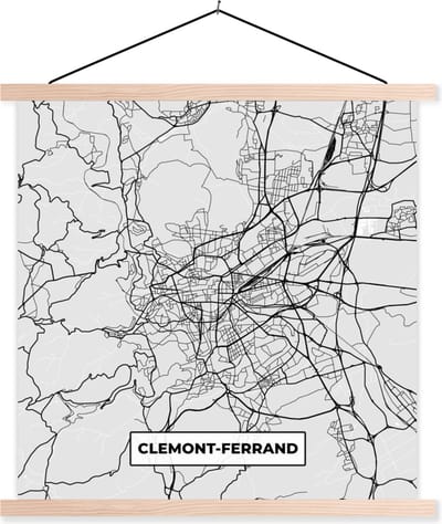 Posterhanger incl. Poster 40x40 cm - Schoolplaat - Stadskaart - Frankrijk - Kaart - Clemont-Ferrand - Plattegrond - Textielposter - Blanke latten - Stadskaart