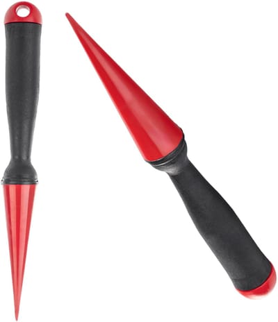 KADAX Inplanthulp van metaal, plantengatsteker met comfortabele greep van hout, bloemboller, uienplant, plantenschep, pikeerstaaf (rood, 26 cm)