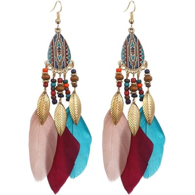 Etnische lange oorbellen met veren voor dames, bohemian kwastjes, handgemaakte kralen, bladvormige hangertjes, elegante feestsieraden voor dames. beige
