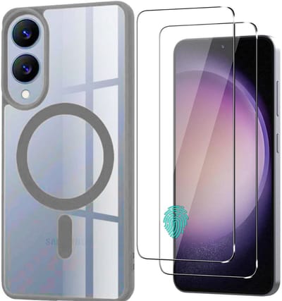 Casemania Hoesje + Glas Geschikt voor Samsung Galaxy S25 Edge - Grijs - Bumper Telefoonhoesje geschikt voor MagSafe - Zachte Thermoplastic Polyurethane Rand en Krasbestendige Transparante Achterkant Back Cover + 2x Glazen Screenprotector