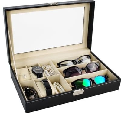 Malatec Horloge/bril organizer Lyon - zwart - 9 vakjes - horlogebox - zonnebrillen - opbergbox