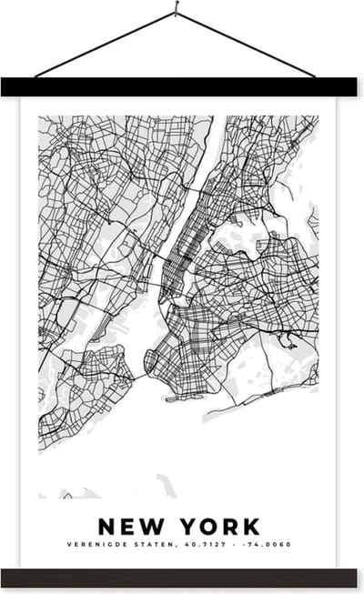 Posterhanger incl. Poster 40x60 cm - Schoolplaat - New York - Stadskaart - Zwart Wit - Plattegrond - Kaart - Textielposter - Zwarte latten - Stadskaart
