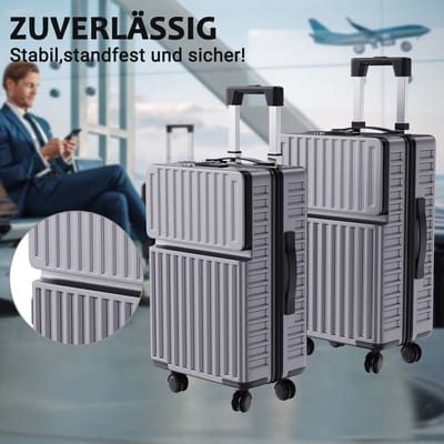 Kofferset - 2 Delig - Reiskoffer met voorvak, PC-handbagage trolley met TSA-slot voor zakenreizen, 20" / 24"(Grijs)