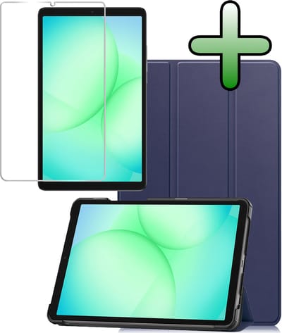 Hoesje Geschikt voor Samsung Galaxy Tab A11 / A9 - Met Screenprotector - Trifold Bookcase - Hard Cover - Hardcover Book Case - Tablet Hoes - Donkerblauw
