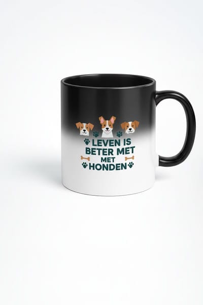 “Leven Is Beter Met Honden” Black Magic Mok – 330ml Warmtegevoelige Koffiemok – Schattig Puppy Design – Perfect Cadeau voor Hondenliefhebbers