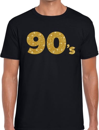 90's Nineties Party kleding t-shirt - zwart - gouden glitter print - voor heren - Jaren 90 kleding S