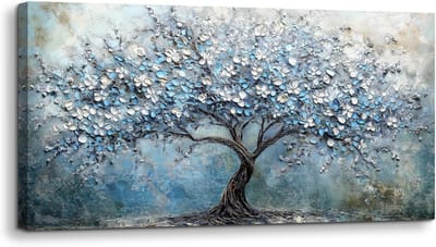 Famanu – Groot canvas schilderij (50x100 cm) – blauwe boom des levens – moderne wanddecoratie voor slaapkamer/keuken/kantoor/badkamer