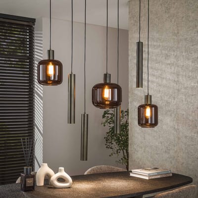 PS-Collection Hanglamp Mix Bronza 4+3L - Brons - Metaal/Glas - 105x35x150 cm - hanglampen eetkamer, hanglamp zwart, hanglampen woonkamer, hanglamp slaapkamer, hanglamp rotan, hanglamp hout, hanglamp industrieel, hanglamp glas, hang lamp