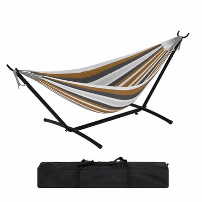 HHHK - Hangmat met Standaard - 2 Peroons - Grijs Bruin - Draaggewicht 225 kg - 280x110x100cm - Stalen Frame - Inclusief Opbergtas