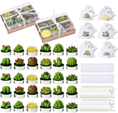 48x Set Vetplant Kaarsjes Theelichtjes met Zakjes en Dankkaartjes voor Feestbedankjes