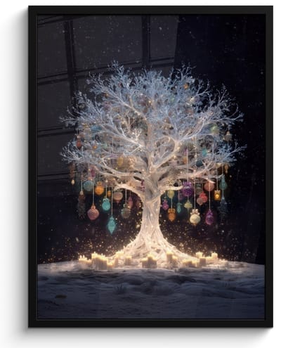 Poster in lijst - Fotolijst 60x80 cm - Posters - Sneeuwboom - Lichtjes - Wit - Kleurrijk - Posterlijst zwart - Decoratie - Wanddecoratie woonkamer - Muurdecoratie slaapkamer - Kerstversiering - Kerstdecoratie voor binnen - Kerstmis