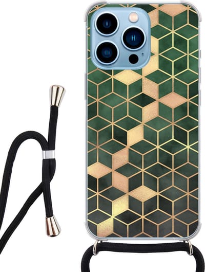 Hoesje met koord - Geschikt voor iPhone 13 Pro Max - Groen kubus - Verstelbaar zwart koord - Transparant, Groen - Print / Illustratie - Leuke Telefoonhoesjes