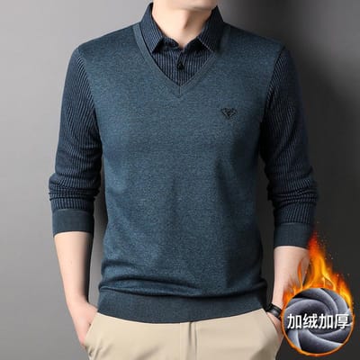 Heren Nep Twee Vader Kleding Herfst en Winter Plus Fleece Verdikt Thermisch Top Middelbare Leeftijd Gestreept Revers T-shirt Basis Shirt XXXL gray