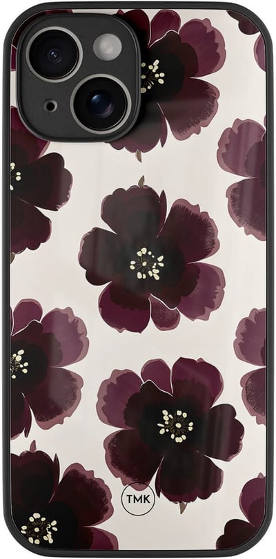 Hoesje geschikt voor Apple iPhone 14 - Burgundy flowers - Paars - TPU luxe case (glossy toplaag) - Bloemen - Hardcase backcover zwart