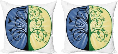 ABAKUHAUS Levensboom kussensloopset (2 stuks), Yin Yang boom Aziatisch, 50 cm, groen blauw zwart