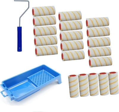 20x verfroller / vachtrollers incl rollerbeugel en verfbakje - 10 cm - rollers voor het schilderen van wanden en plafonds