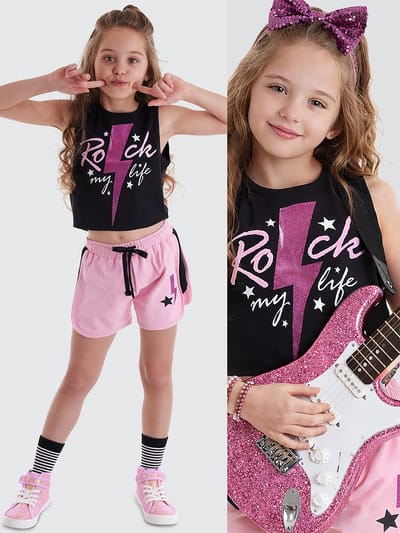 MSHB&G MS-21Y1-020 Roze Meisjes Crop T-Shirt & Shorts Set Rockprint 104