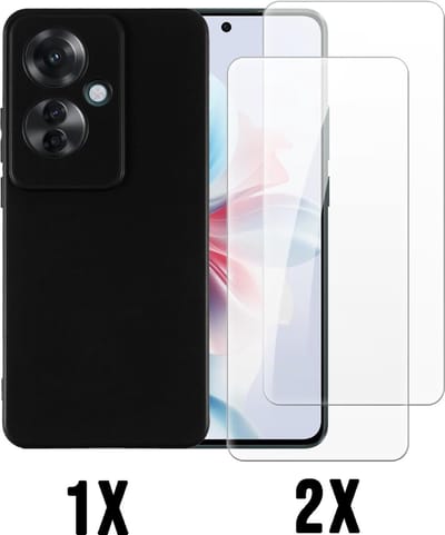 Casemania Hoesje Geschikt voor Oppo Reno 11F - Reno 11 F - Zwart & 2X Glazen Screenprotector - Siliconen Back Cover