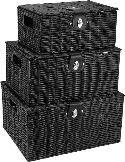 Set van 3 Geweven Opbergmanden, Wicker Mand met Deksel en Slot voor Opslag, Decoratie en Organisatie in Zwart