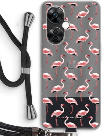 Case Company® - Hoesje met koord geschikt voor OnePlus Nord CE 3 Lite hoesje met Koord - Flamingo - Telefoonhoesje met Zwart Koord - Bescherming aan alle Kanten en Over de Schermrand