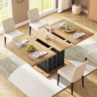 REDOM Eettafel 110-140*80*75cm, uitschuifbaar van MDF, modern ontwerp, zwart/naturel, met opbergruimte