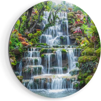 Artaza Dibond Muurcirkel Tropische Waterval In Thailand - Ø 50 cm - Klein - Wandcirkel - Rond Schilderij - Voor Binnen en Buiten