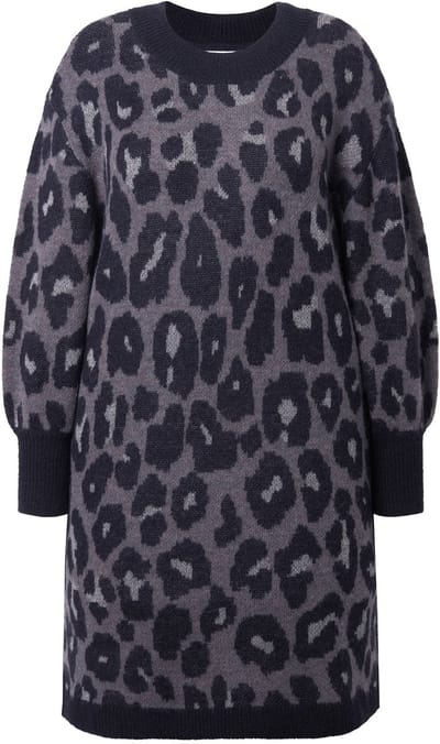 Studio Untold - Dames - Gebreide jurk oversized luipaardmotief ballonmouwen - Antraciet - Maat 42+