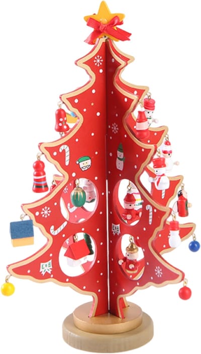Peysaitr - Houten kerstboom versieringen - met mini-ornamenten - kerstversiering - voor feestdecoraties, tafeldecoratie thuis - 22x27x3CM - Rood - 1 stuk