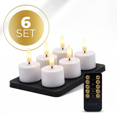 KENN® GlowPro™ Oplaadbare Waxinelichtjes – Tot 350 Branduren – Set van 6 – Wit – Met Afstandsbediening – Magnetisch Oplaadstation – Timer – Realistische Wax Look & Feel – LED Waxinelichtjes – Oplaadbare Theelichtjes – Oplaadbare Kaarsen – Horeca