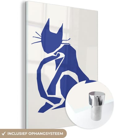 MuchoWow® Glasschilderij 120x160 cm - Schilderij acrylglas - Kat - Huisdieren - Blauw - Matisse - Foto op glas - Schilderijen