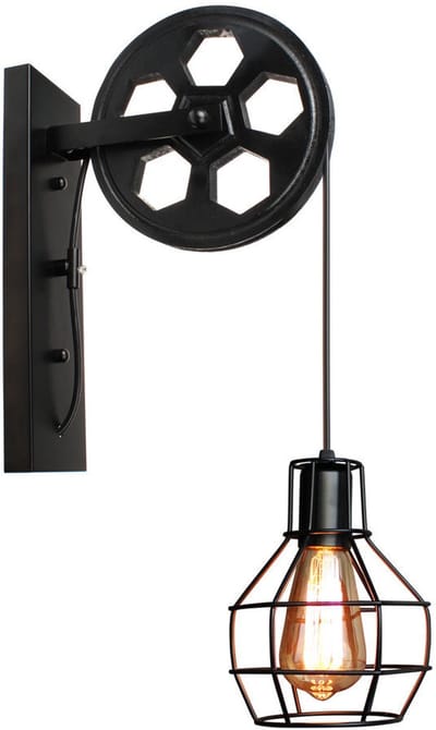 Vintage Wandlamp Industriële E27 Muurlamp Katrol Ontwerp voor Slaapkamer Woonkamer Hal Zwart