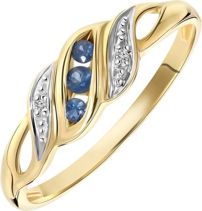 Lucardi Dames Ring met saffier en diamant 0,11ct - Ring - Cadeau - 14 Karaat Goud - Geelgoud