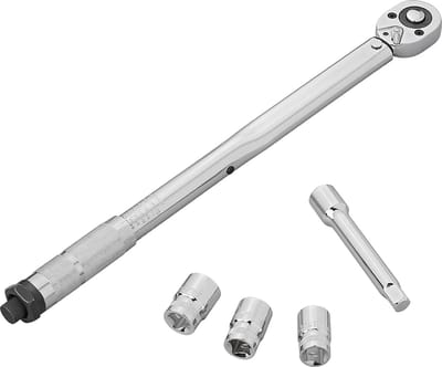ProPlus Momentsleutel - Draaimomentsleutel - Dynamometrische Sleutel - Ratelmechanisme - Meetbereik 40-210 Nm - Instelbaar - met Doppen 17mm, 19mm en 21mm - Inclusief 10 cm Verlengstuk - TüV/GS-gekeurd - Zilver